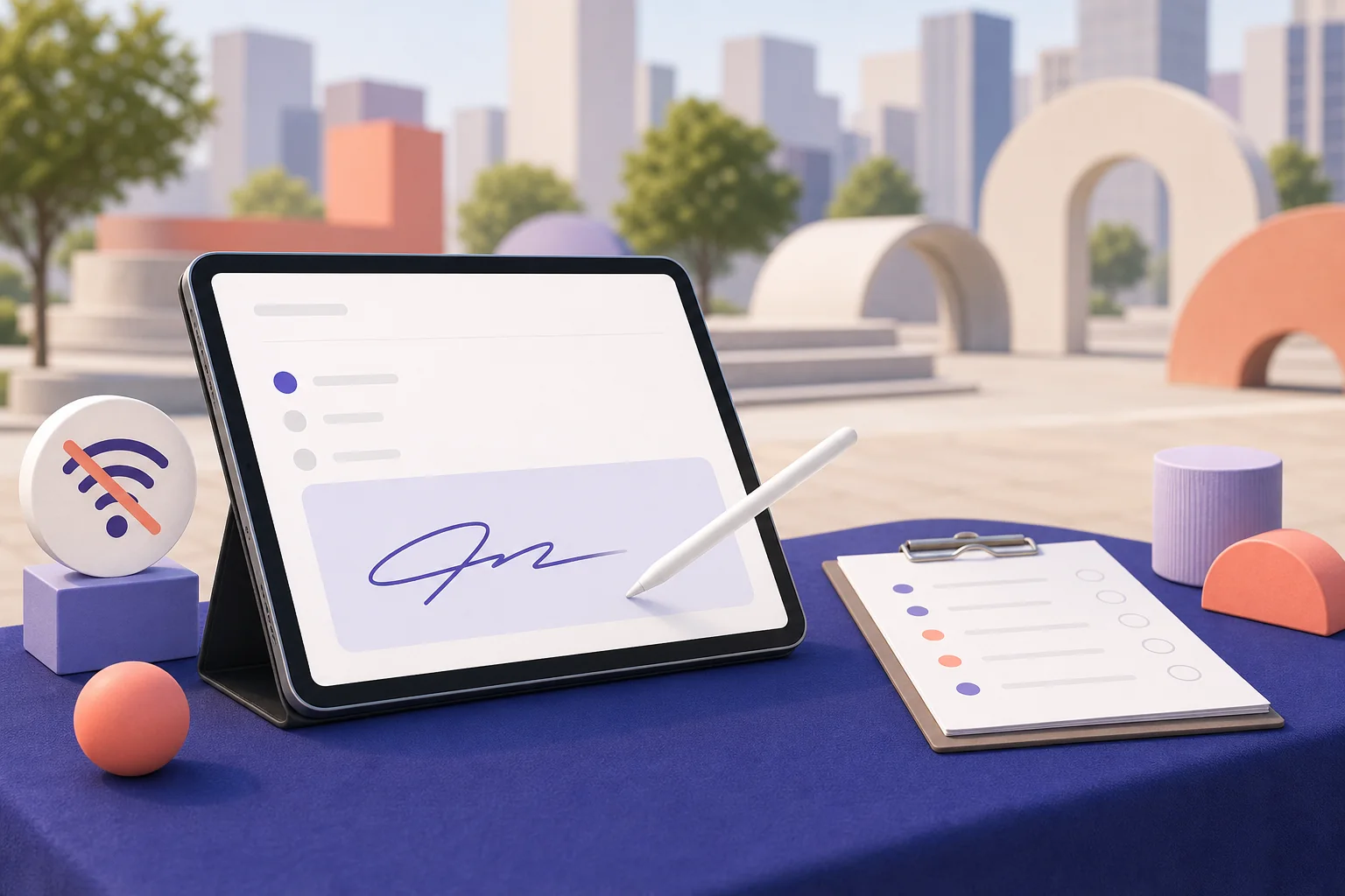 Tablet mit Unterschriftenfeld und Stift an einem Sammelstand