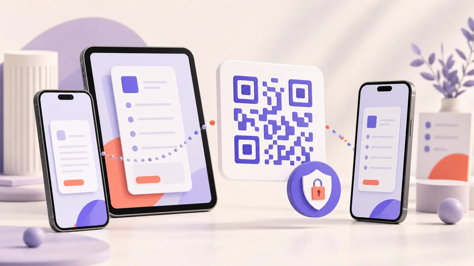 Mehrere Geräte teilen eine Petition per QR-Code, geschützt durch ein Schloss-Symbol